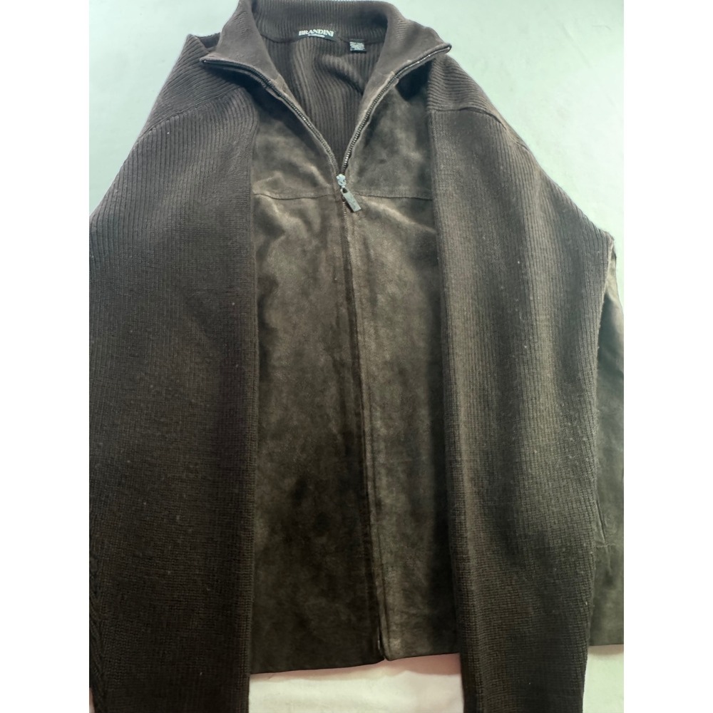 Brandini Brown Merino Wool Suede Front‎ Full Zip Sweater Jacket Mens Large